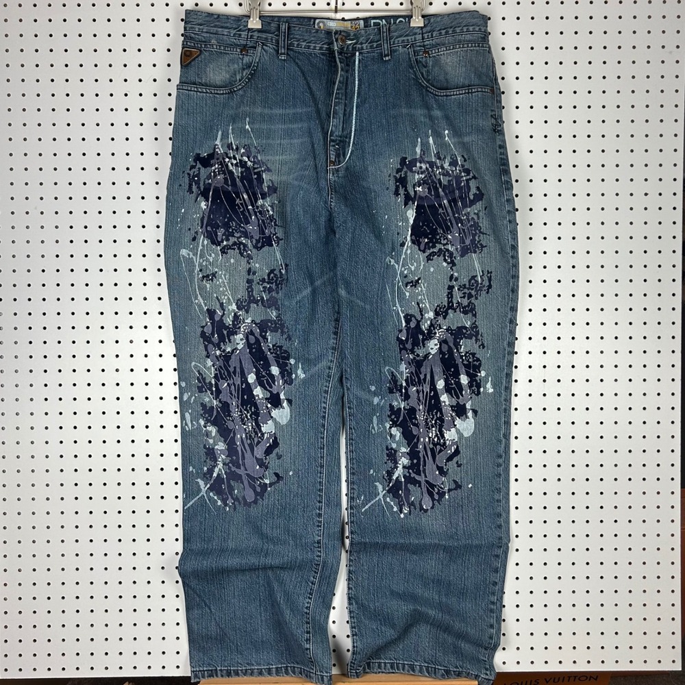 Akademiks Blue Paint Splatter Baggy Jeans 40x34 Y2K‎ Hip Hop Denim Graffiti Goth